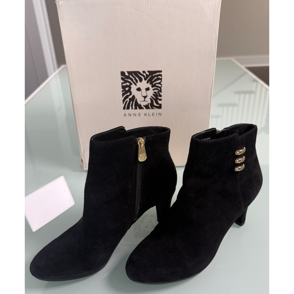 Ann Kline Black Suede Aksondra Ankle Boots Women's 7 1/2 M 3" Heel‎